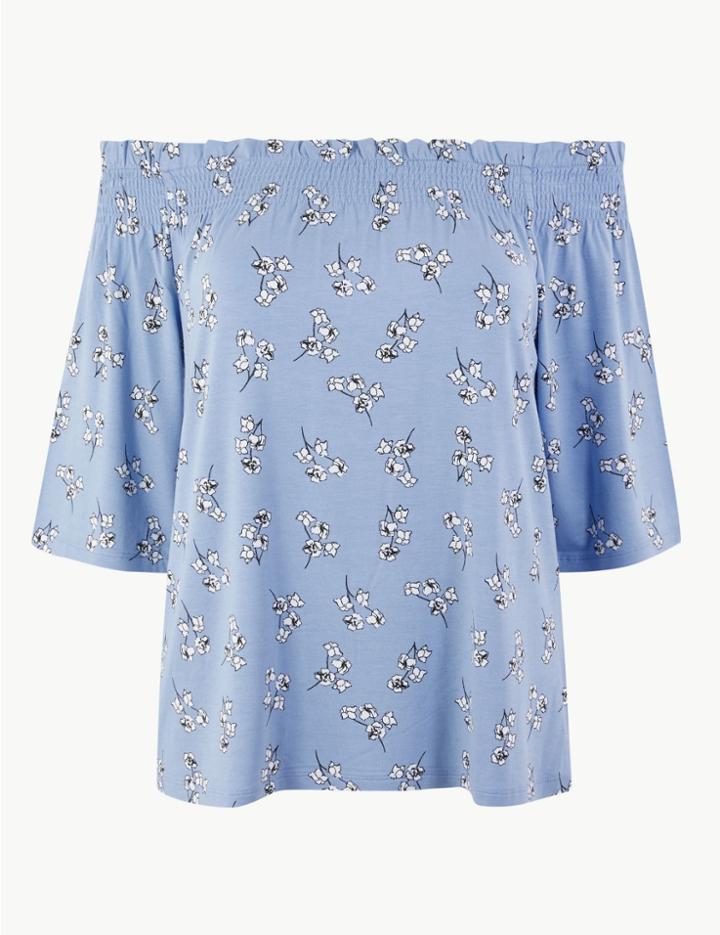 Marks & Spencer Floral Print Bardot Top Blue Mix