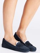 Marks & Spencer Leather Laser Cut Moccasin Slippers Navy
