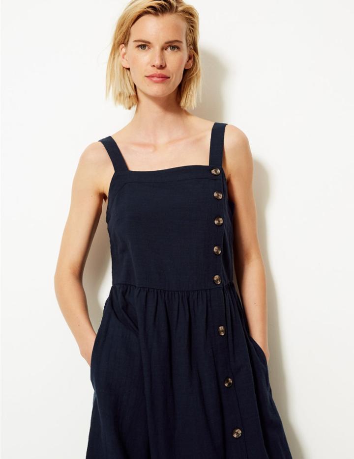 Marks & Spencer Pure Cotton Midi Waisted Dress Navy