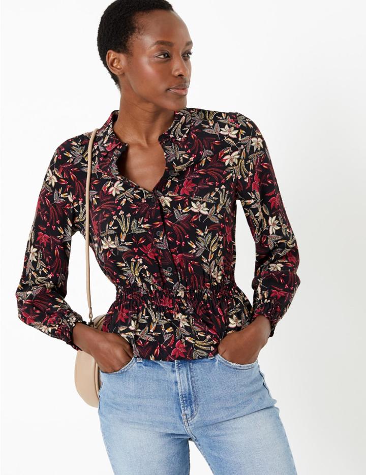 Marks & Spencer Leaf Print Waisted Blouse Black Mix