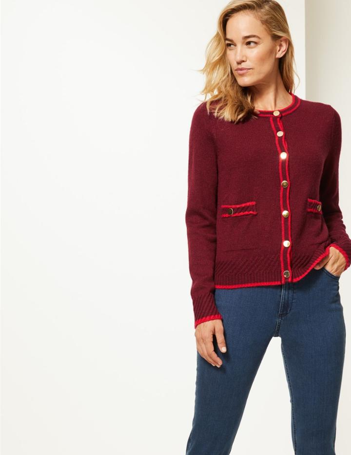 Marks & Spencer Lambswool Blend Textured Cardigan Claret