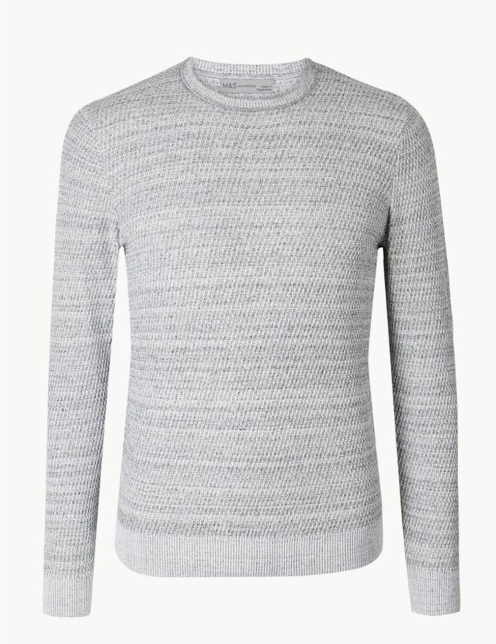 Marks & Spencer Pure Cotton Textured Crew Neck Jumper Grey