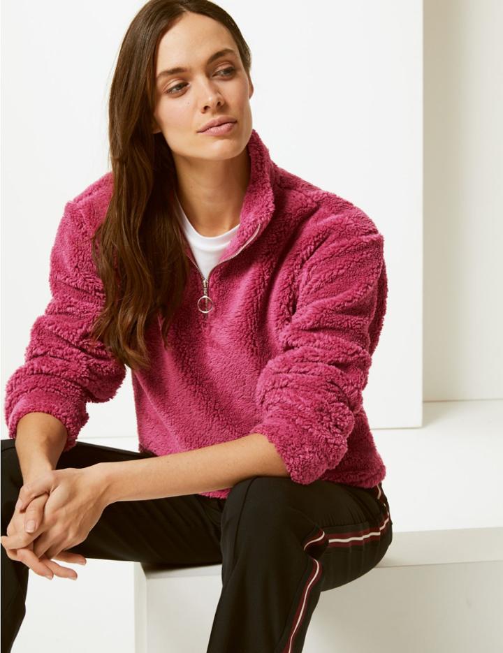 Marks & Spencer Textured Borg Zip-up Hooded Sweatshirt Raspberry