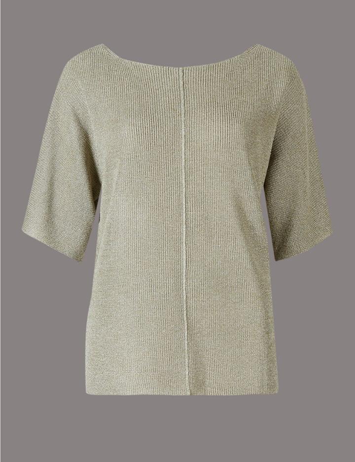 Marks & Spencer Metallic Round Neck Half Sleeve Jumper Gold Mix