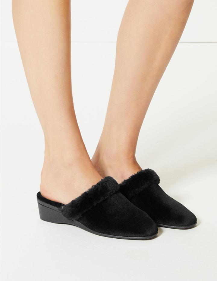 Marks & Spencer Faux Fur Trim Mule Slippers Black