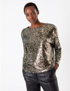 Marks & Spencer Animal Print Sequin Long Sleeve Top Brown Mix