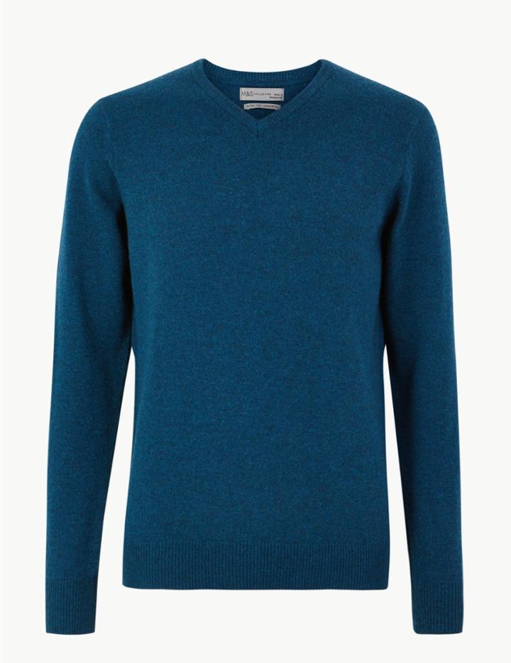 Marks & Spencer Pure Lambswool V-neck Jumper Teal