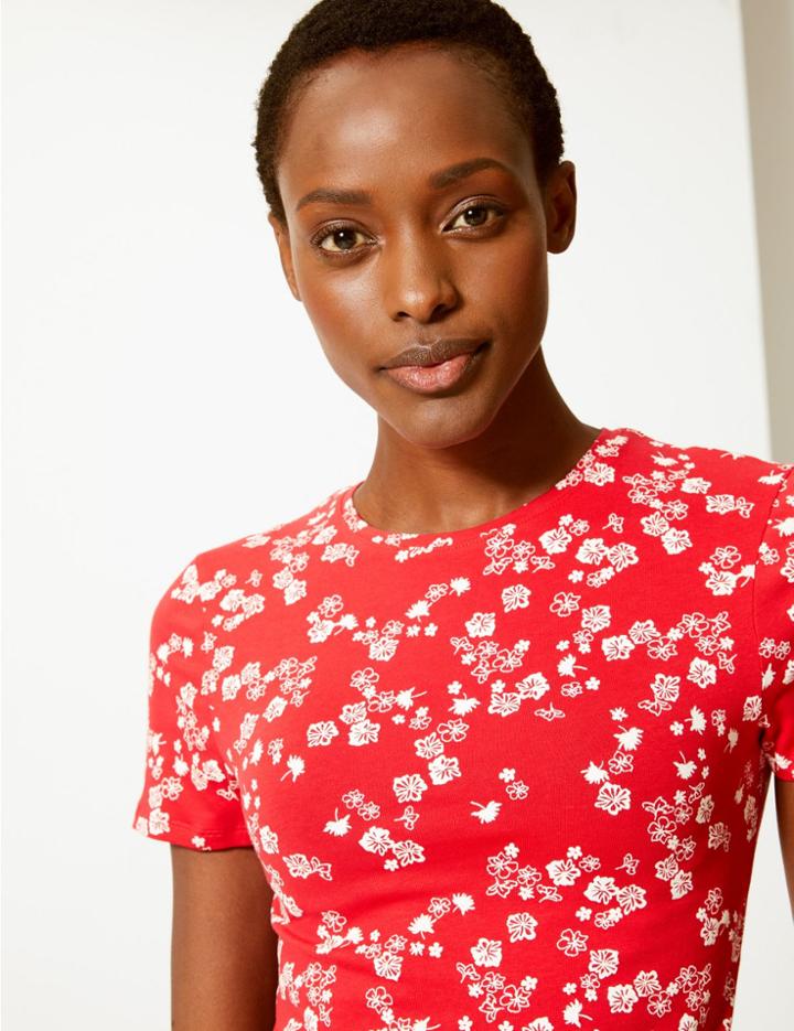 Marks & Spencer Floral Fitted T-shirt Red Mix