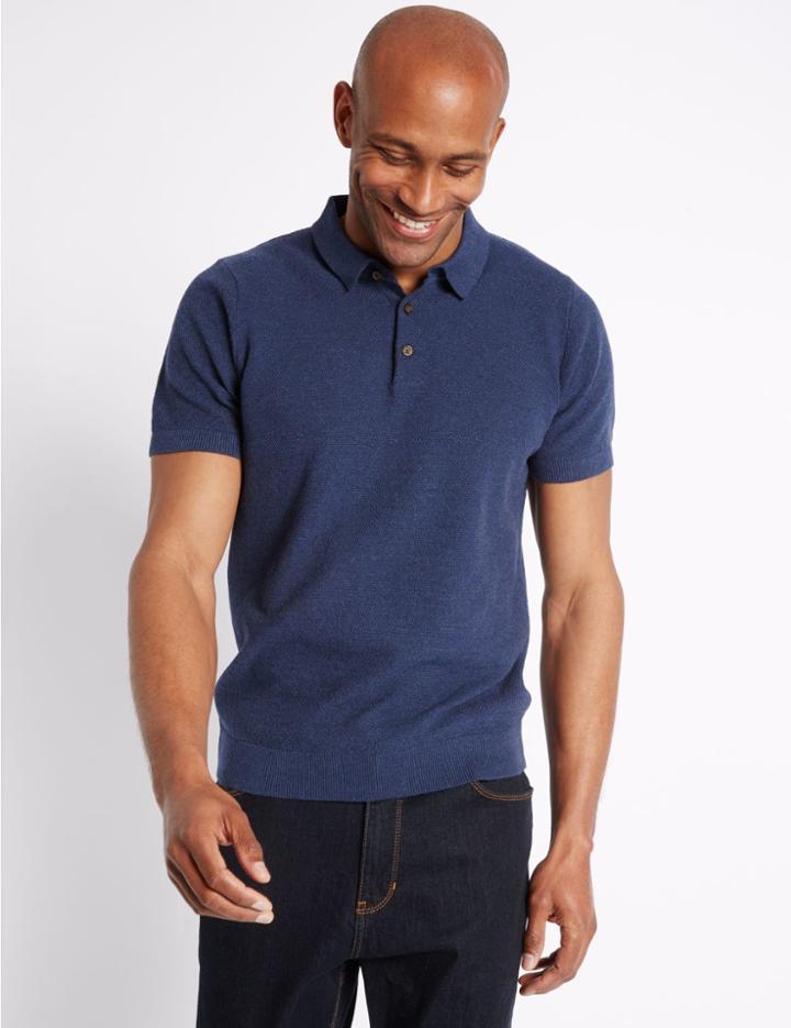 Marks & Spencer Pure Cotton Textured Polo Shirt Denim