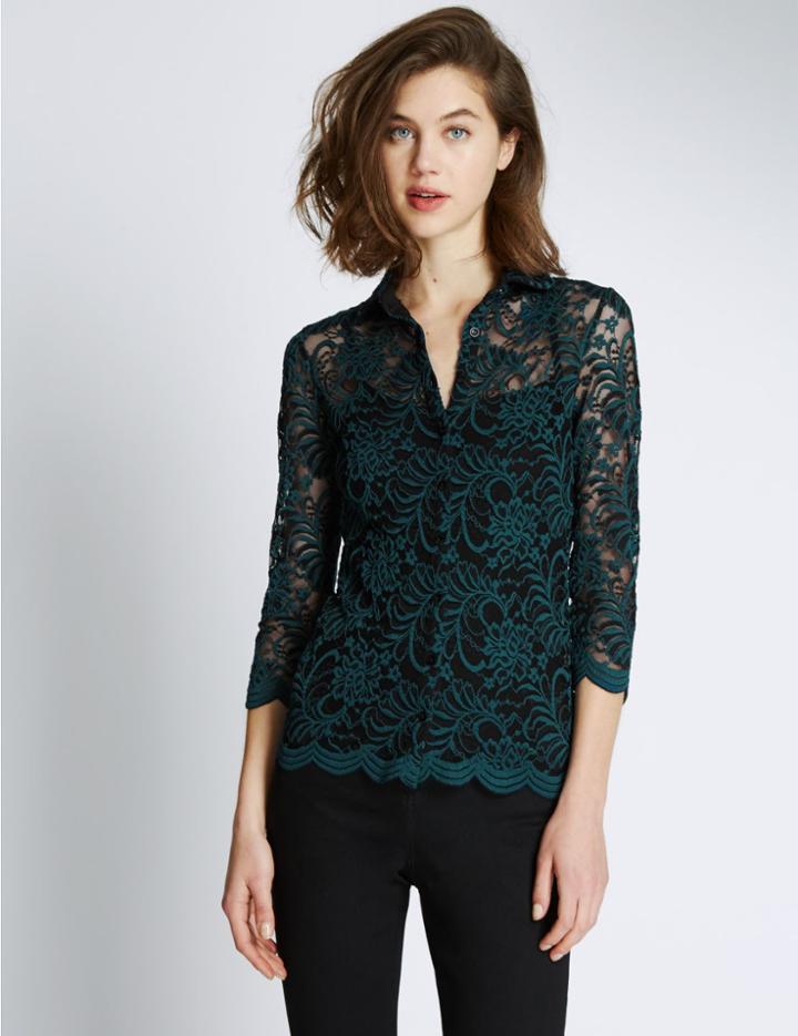 Marks & Spencer 3/4 Sleeve Floral Lace Shirt With Camisole Teal Mix