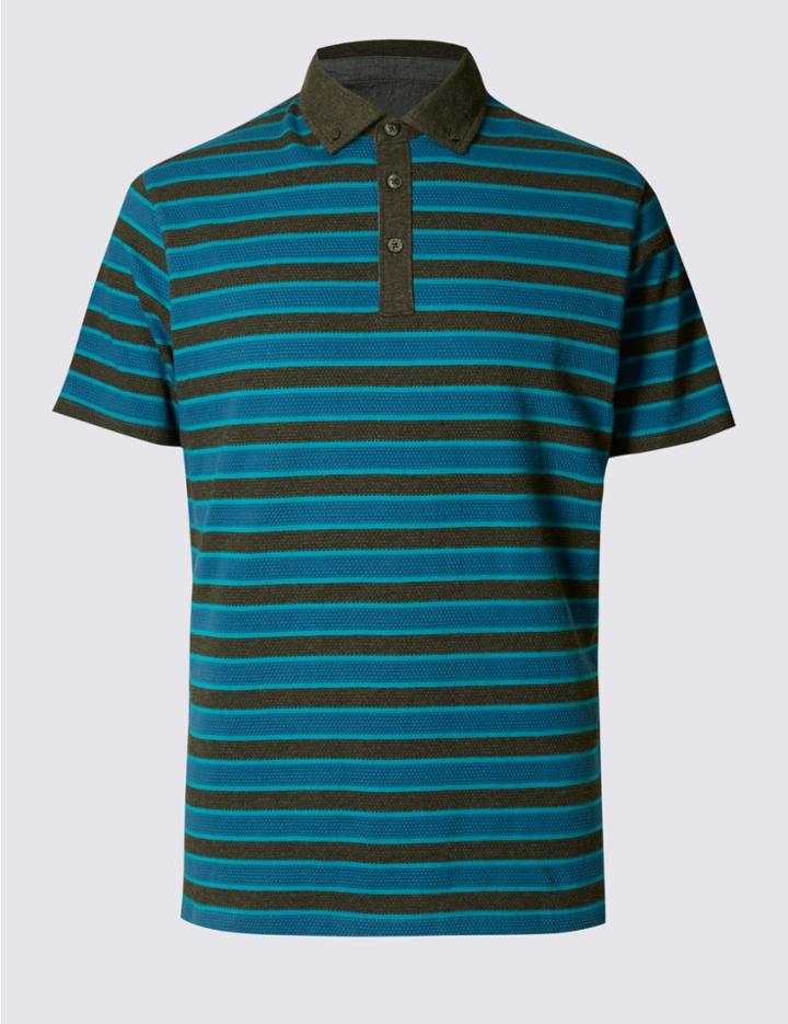 Marks & Spencer Pure Cotton Striped Polo Shirt Grey Mix