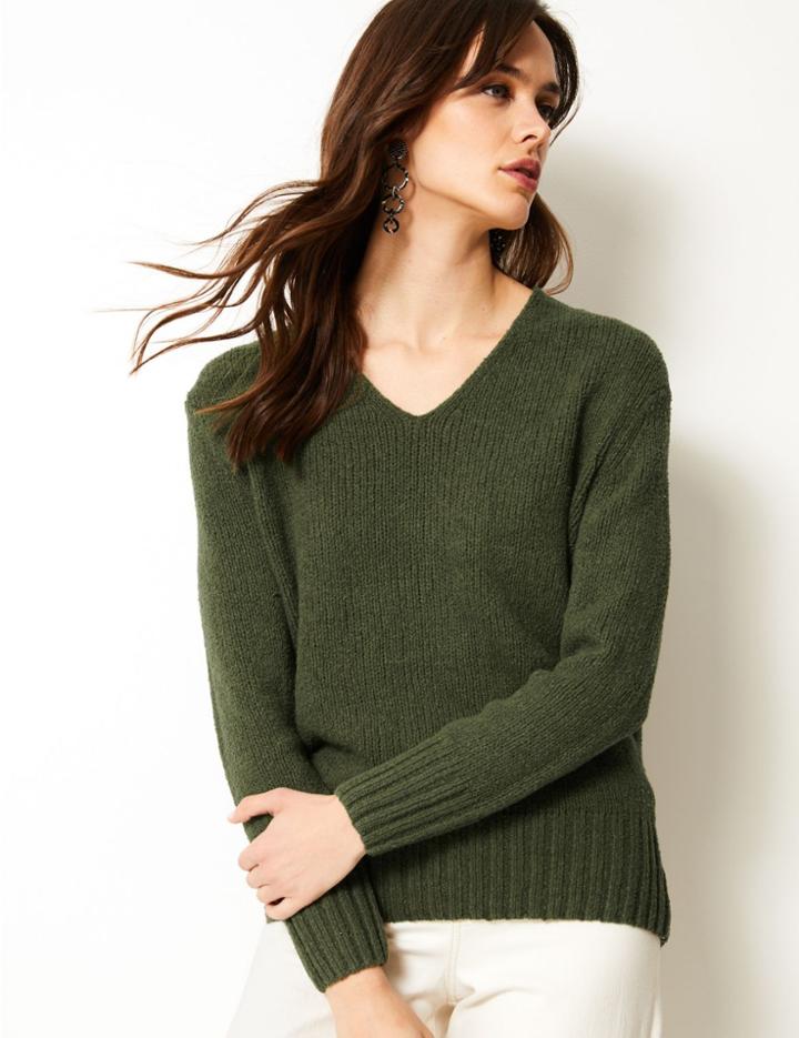 Marks & Spencer Textured V-neck Jumper Hunter Green