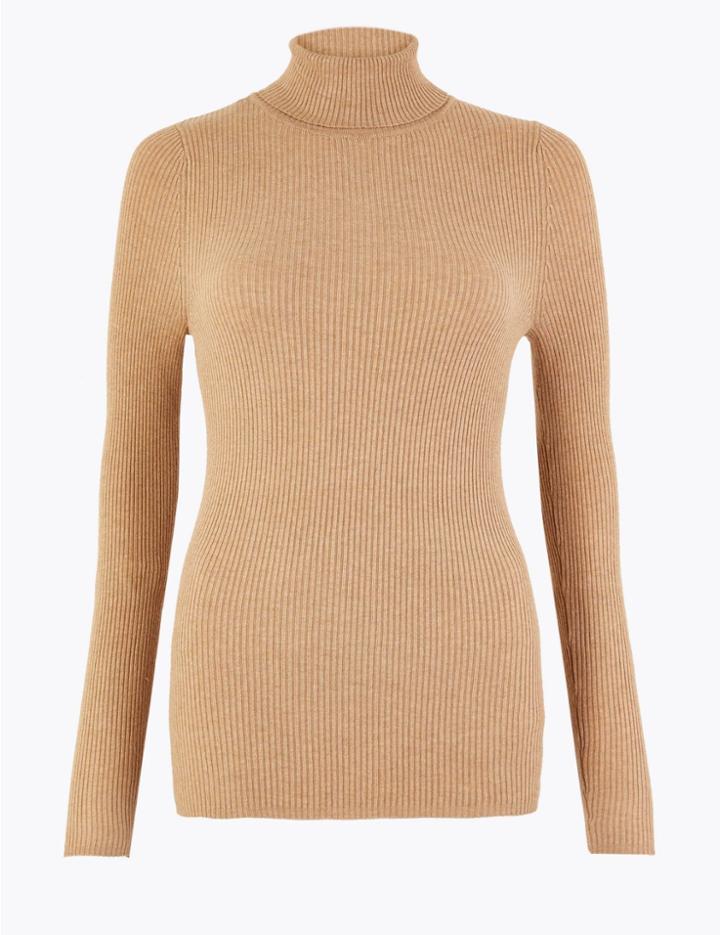 Marks & Spencer Ribbed Polo Neck Jumper Camel Mix