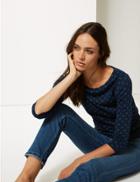 Marks & Spencer Pure Cotton Spotted 3/4 Sleeve T-shirt Navy Mix
