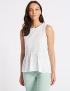 Marks & Spencer Cotton Rich Broderie Round Neck Blouse Soft White