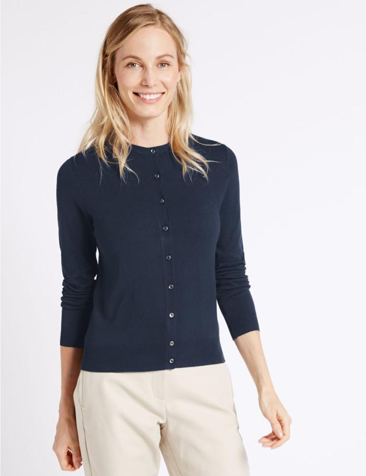 Marks & Spencer Long Sleeve Round Neck Cardigan Navy