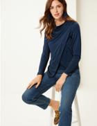 Marks & Spencer Wrap Round Neck Long Sleeve Top Navy