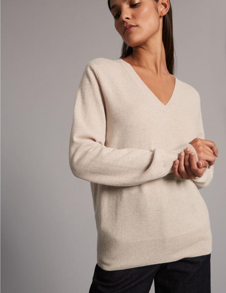 Marks & Spencer Pure Cashmere Ribbed Hem V-neck Jumper Oatmeal