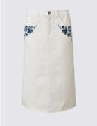 Marks & Spencer Denim Embroidered Straight Midi Skirt White Mix