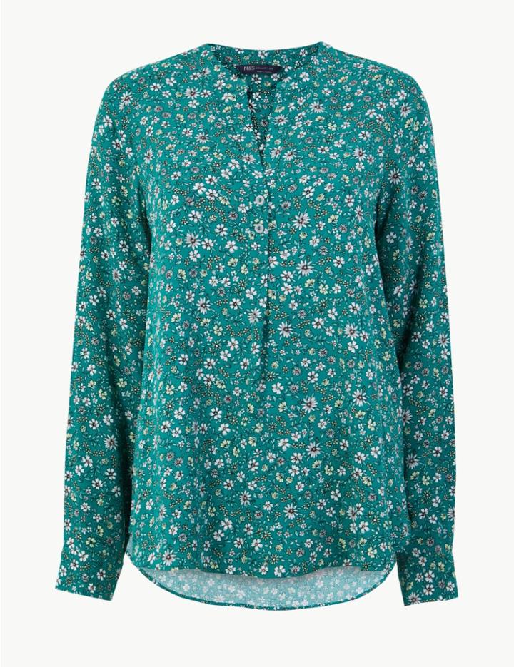 Marks & Spencer Floral Print Button Detailed Blouse Green Mix