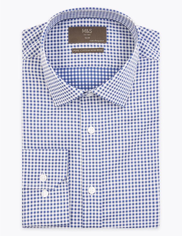 Marks & Spencer 2in Shorter Slim Fit Gingham Shirt Navy Mix