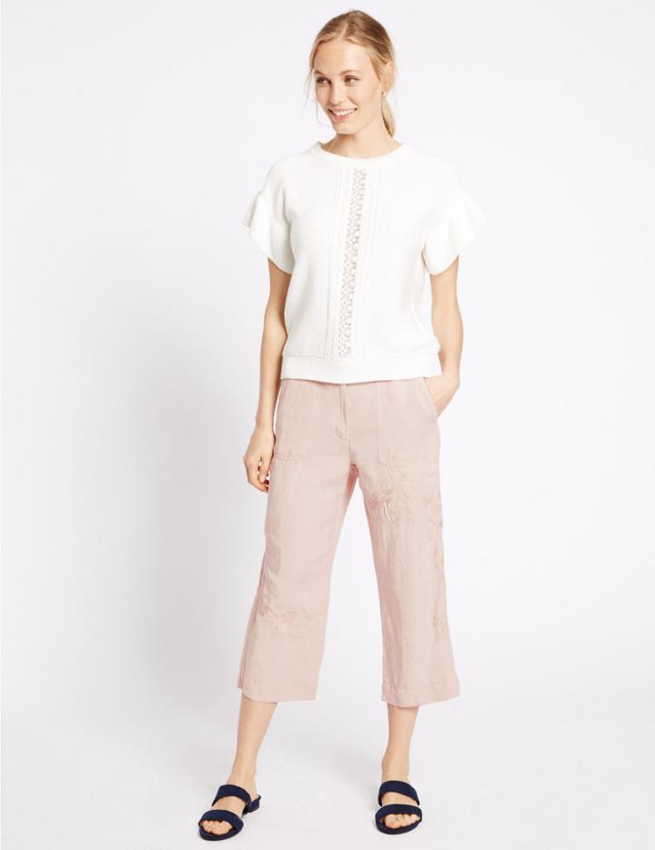 Marks & Spencer Linen Blend Wide Leg Cropped Trousers Pink