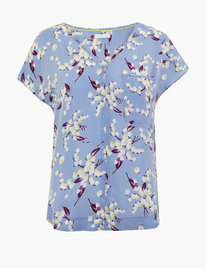 Marks & Spencer Cupro V Neck Floral Print Shell Top Blue Mix