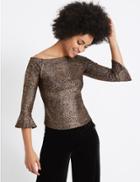 Marks & Spencer Sparkly Flared Sleeve Bardot Top Copper