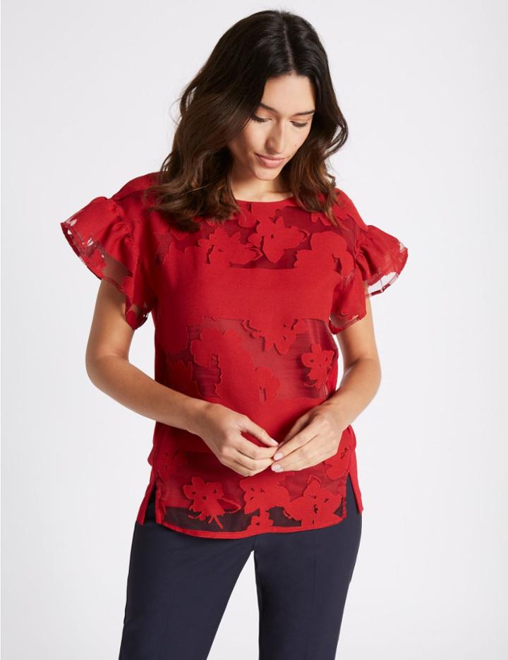Marks & Spencer Jacquard Burnout Flared Sleeve T-shirt Red