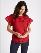 Marks & Spencer Jacquard Burnout Flared Sleeve T-shirt Red