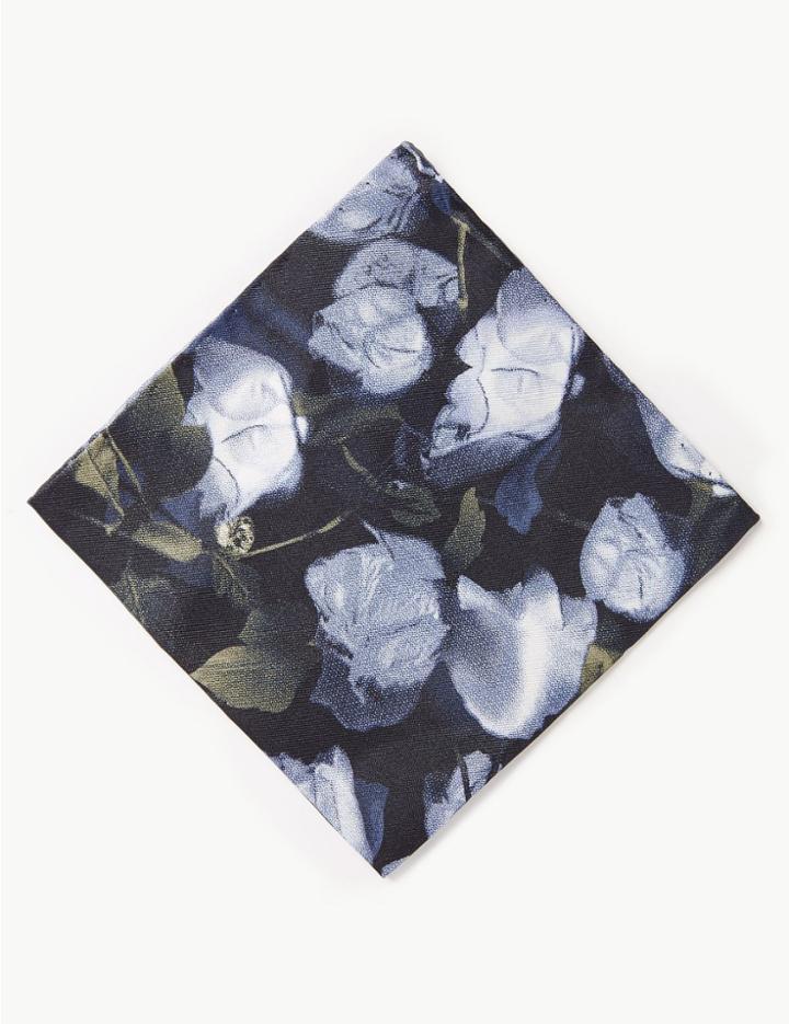 Marks & Spencer Silk Floral Print Pocket Square Navy Mix