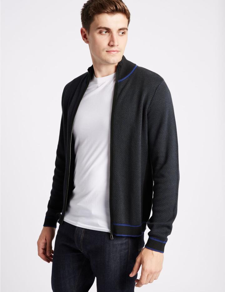 Marks & Spencer Pure Cotton Slim Zipped Through Cardigan Navy Mix