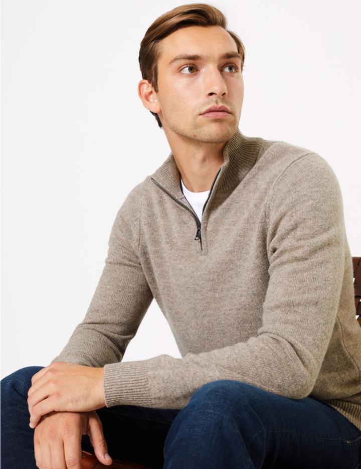 Marks & Spencer Lambswool Half Zip Top Nutmeg