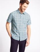 Marks & Spencer Pure Cotton Checked Shirt With Pocket Azure Blue