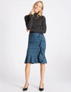 Marks & Spencer Checked Ruffle Pencil Midi Skirt Teal Mix