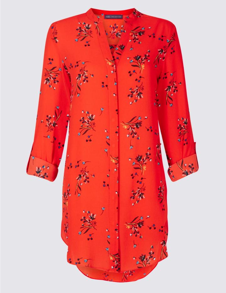 Marks & Spencer Floral Print Longline Long Sleeve Tunic Orange Mix