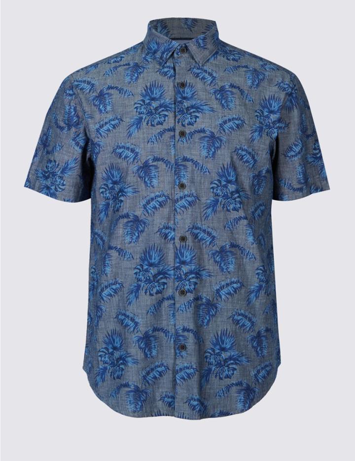 Marks & Spencer Pure Cotton Slim Fit Palm Print Shirt Chambray