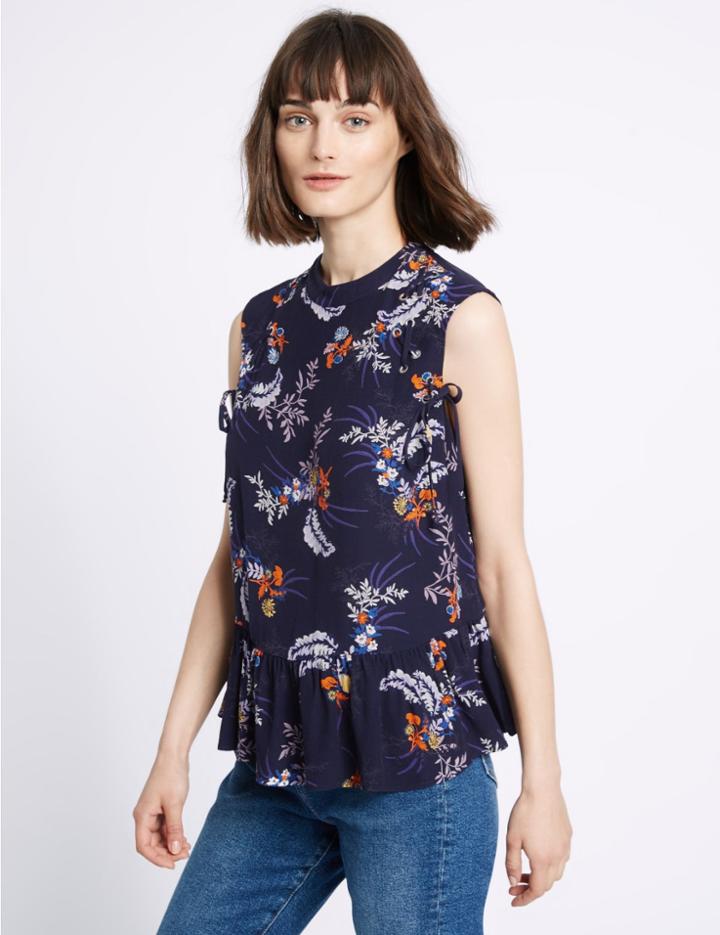 Marks & Spencer Floral Print Palm Peplum Vest Top Navy Mix