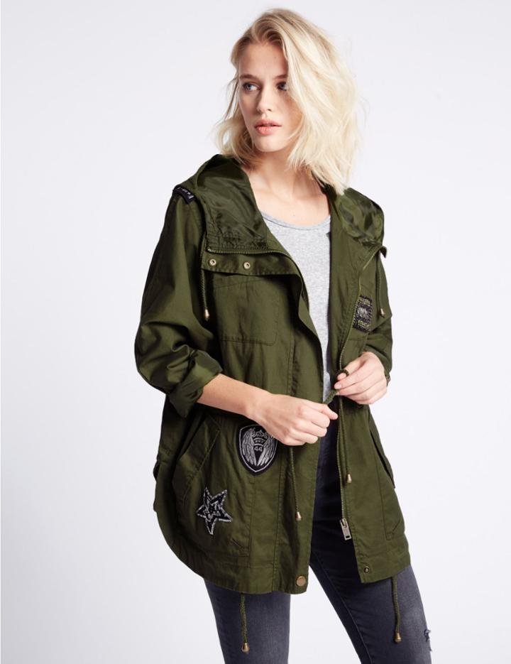 Marks & Spencer Pure Cotton Short Badge Parka Jacket Khaki