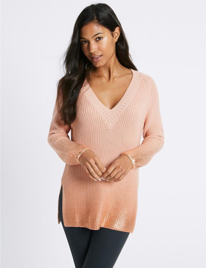 Marks & Spencer Cotton Blend V-neck Longline Jumper Blush