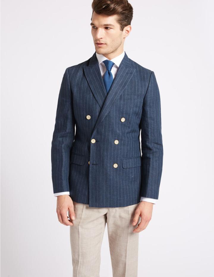 Marks & Spencer Pure Linen Tailored Fit Striped Jacket Dark Blue