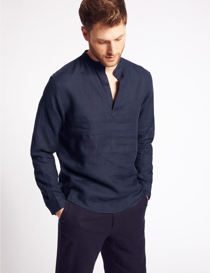 Marks & Spencer Easy Care Pure Linen Shirt Navy