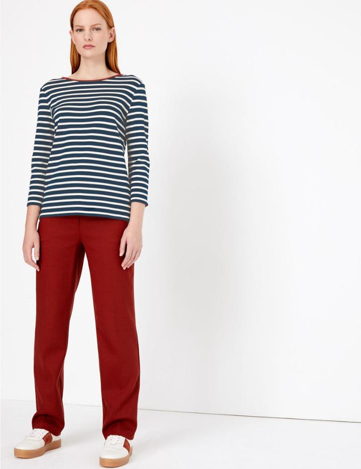 Marks & Spencer Striped Ponte Regular Fit 3/4 Sleeve T-shirt Ecru Mix