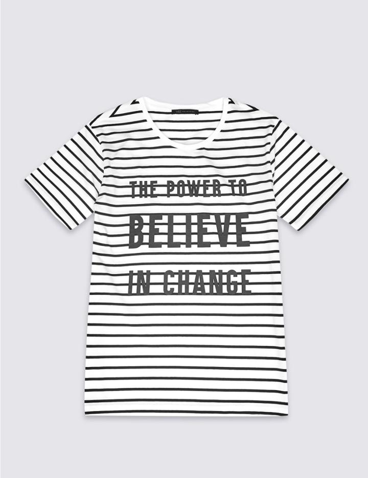Marks & Spencer Pure Cotton Striped Slogan T-shirt Navy Mix