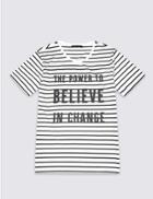 Marks & Spencer Pure Cotton Striped Slogan T-shirt Navy Mix
