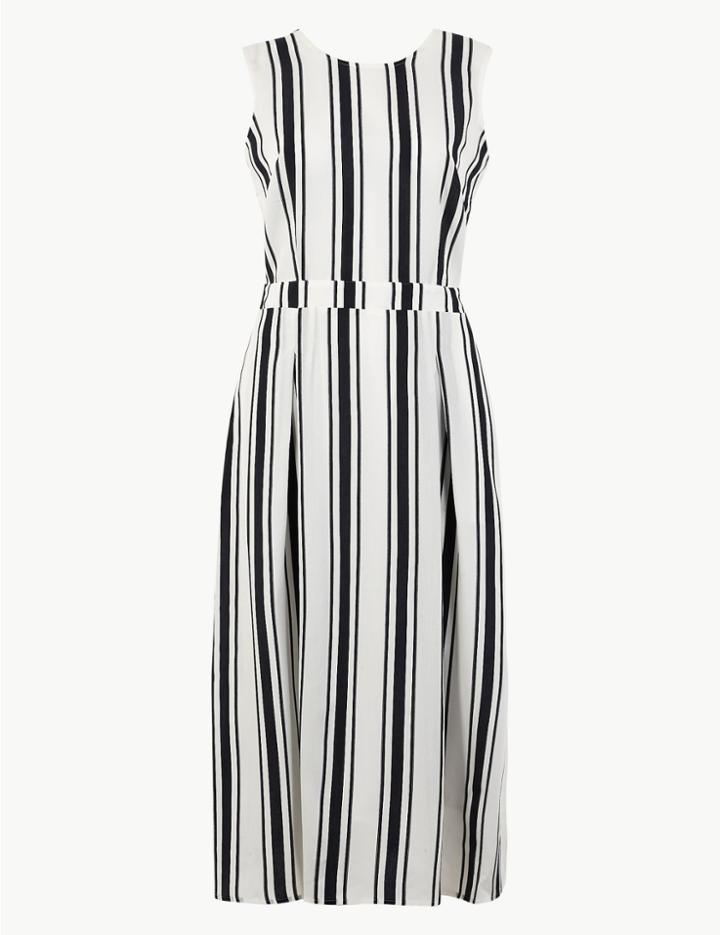 Marks & Spencer Striped Waisted Midi Dress Navy Mix