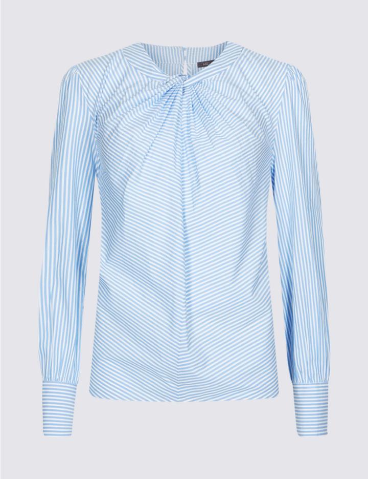 Marks & Spencer Pure Cotton Striped Twist Front Blouse Blue Mix