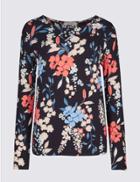 Marks & Spencer Floral Print Round Neck Long Sleeve T-shirt Navy Mix