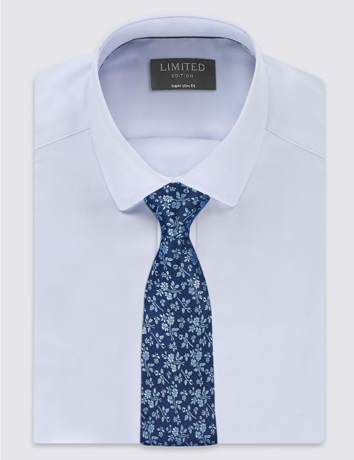 Marks & Spencer Pure Silk Floral Print Tie Periwinkle