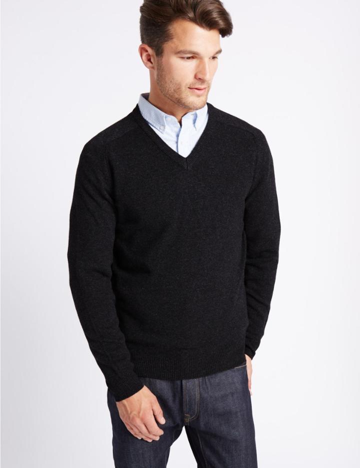 Marks & Spencer Pure Lambswool V-neck Jumper Dark Charcoal
